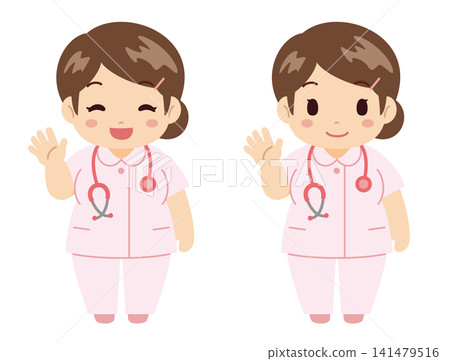 Medical illustration material of a chubby female nurse smiling and waving. Medical illustration material of a chubby female nurse smiling and waving. 141479516
