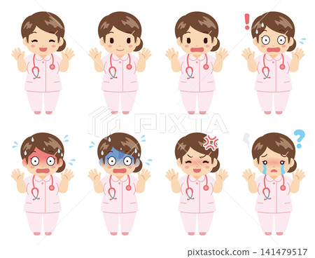 A set of 8 facial expressions of a chubby female nurse that convey a range of emotions. A set of 8 facial expressions of a chubby female nurse that convey a range of emotions. 141479517