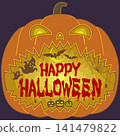 Halloween Jack-o'-lantern logo, a pop and chic event poster illustration with a purple background. 141479822