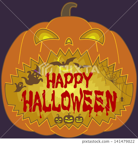 Halloween Jack-o'-lantern logo, a pop and chic event poster illustration with a purple background. Halloween Jack-o'-lantern logo, a pop and chic event poster illustration with a purple background. 141479822