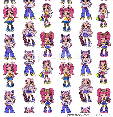 Pink Hair Chibi Girls in Trendy Streetwear Pattern Pink Hair Chibi Girls in Trendy Streetwear Pattern 141479867