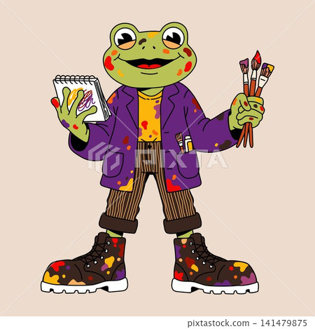 Cute Anthropomorphic Frog Painter in Colorful Art Clothes 141479875