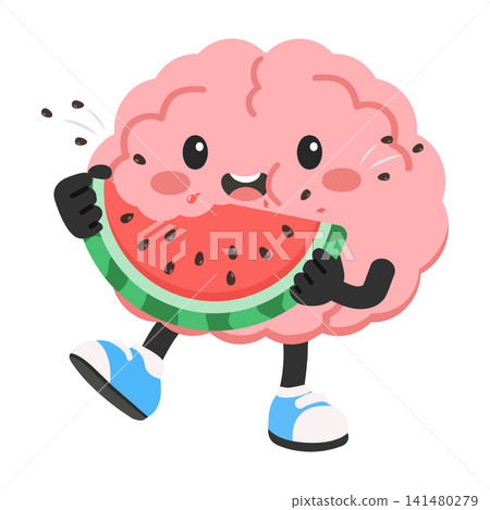 Cute Cartoon Brain Character Eating Watermelon Cute Cartoon Brain Character Eating Watermelon 141480279