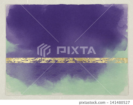 A Japanese paper background with a watercolor gradient of purple and light green and a wave pattern at the bottom. A Japanese paper background with a watercolor gradient of purple and light green and a wave pattern at the bottom. 141480527