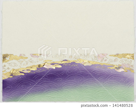 A Japanese paper background with a watercolor gradient of purple and light green and a wave pattern at the bottom. A Japanese paper background with a watercolor gradient of purple and light green and a wave pattern at the bottom. 141480528