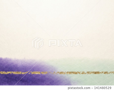 A Japanese paper background with a watercolor gradient of purple and light green and a wave pattern at the bottom. A Japanese paper background with a watercolor gradient of purple and light green and a wave pattern at the bottom. 141480529