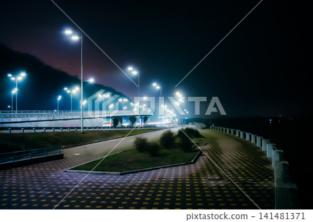 Night promenade and freeway with beautiful blue lanterns. Kyiv embankment at night Night promenade and freeway with beautiful blue lanterns. Kyiv embankment at night 141481371