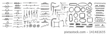 Text Dividers and Geometric Frames Doodle Set. Minimalist Page Borders, Vignette Accent Lines, Knots, and Round Circular Badges, Shapes, Curved Stripes. Isolated Hand Drawn. Vector illustration Text Dividers and Geometric Frames Doodle Set. Minimalist Page Borders, Vignette Accent Lines, Knots, and Round Circular Badges, Shapes, Curved Stripes. Isolated Hand Drawn. Vector illustration 141481635