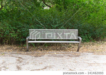Modern metal bench in the park against green bushes Modern metal bench in the park against green bushes 141482093