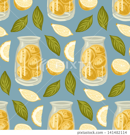 Pattern illustration featuring jars of lemonade with lemon slices and green leaves on a blue background, ideal for summer-themed designs and decorations Pattern illustration featuring jars of lemonade with lemon slices and green leaves on a blue background, ideal for summer-themed designs and decorations 141482114