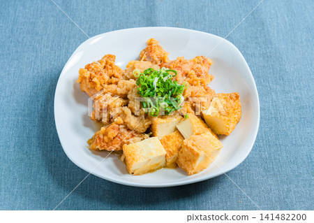 雞肉用磨碎的白蘿蔔醬汁燉煮,配上炸豆腐——一道日式小菜。 雞肉用磨碎的白蘿蔔醬汁燉煮,配上炸豆腐——一道日式小菜。 141482200
