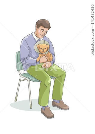 Dog owner holding puppy wearing recovery cone in veterinary clinic 141482436