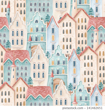 Watercolor hand drawn seamless pattern with fantasy European pastel town houses and Christmas trees. Hand drawn festive design 141482651