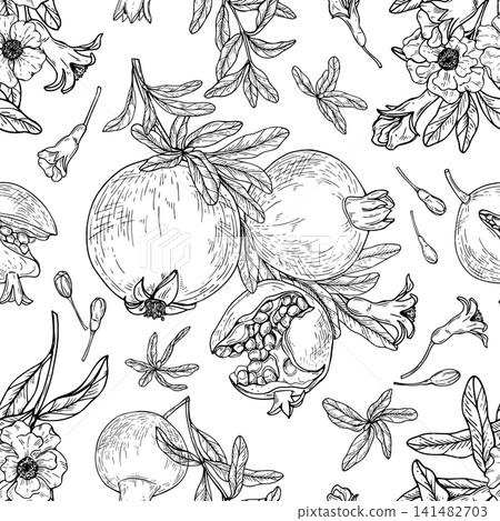 Seamless pattern with pomegranate fruit and flower painted by black inks. Hand drawn botanical illustration of tropical plant. Black and white graphic design for textile, wallpaper, background Seamless pattern with pomegranate fruit and flower painted by black inks. Hand drawn botanical illustration of tropical plant. Black and white graphic design for textile, wallpaper, background 141482703