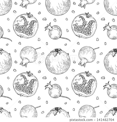 Monochrome pomegranate seamless pattern line art black ink sketch. Hand drawn fruits vector isolated illustration. Whole and sliced fruit with seeds ornate for botanical food design, textile print. Monochrome pomegranate seamless pattern line art black ink sketch. Hand drawn fruits vector isolated illustration. Whole and sliced fruit with seeds ornate for botanical food design, textile print. 141482704