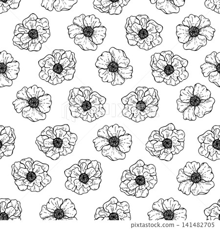 Hand drawn poppy flowers seamless pattern vector isolated illustration. Linear drawing of flower heads. Black and white floral ornate for fabric print, wrapping paper, textile design and stationery. Hand drawn poppy flowers seamless pattern vector isolated illustration. Linear drawing of flower heads. Black and white floral ornate for fabric print, wrapping paper, textile design and stationery. 141482705