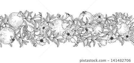 Seamless pomegranate fruit border with flower and leaf. Hand drawn botanical illustration for fabric, wallpaper, wrapping paper design. Black and white floral pattern sketch. Seamless pomegranate fruit border with flower and leaf. Hand drawn botanical illustration for fabric, wallpaper, wrapping paper design. Black and white floral pattern sketch. 141482706