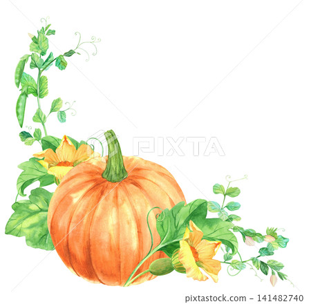 Corner composition of the tomatoes, cucumbers, parsley and green onion. Watercolor illustration. Handmade art work. For packaging design, cards, cover, prints, product labels and fabric. 141482740