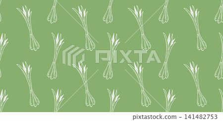 Seamless pattern with hand drawn green onions on green background Seamless pattern with hand drawn green onions on green background 141482753