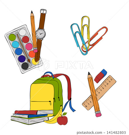 Books with bag, banana and apple School composition set colored hand drawn illustration. Vector graphic line ink art. Perfect for logo, branding, packaging, labels, and modern decor design. Books with bag, banana and apple School composition set colored hand drawn illustration. Vector graphic line ink art. Perfect for logo, branding, packaging, labels, and modern decor design. 141482803
