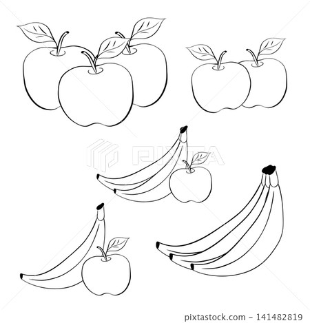 Bananas Apple Composition set hand drawn illustration. Black and white Vector graphic line ink art template. Perfect for logo, branding, packaging, labels, and modern decor design. Bananas Apple Composition set hand drawn illustration. Black and white Vector graphic line ink art template. Perfect for logo, branding, packaging, labels, and modern decor design. 141482819