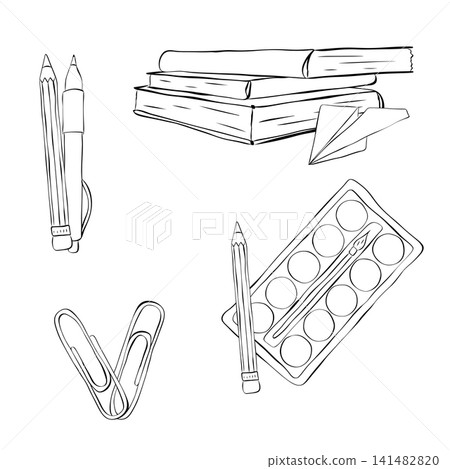 Set of drawing supplies: palette, brush, and pencil. Accessories for school and creativity. School composition set Black and white hand drawn illustration. Vector graphic line ink art. textile, cards. Set of drawing supplies: palette, brush, and pencil. Accessories for school and creativity. School composition set Black and white hand drawn illustration. Vector graphic line ink art. textile, cards. 141482820