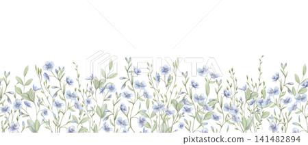 Watercolor blue flax flowers and green stems seamless banner on isolated background. Veronica or forget me not blooming plants floral border. Decorative pattern for wedding invitation and stationery Watercolor blue flax flowers and green stems seamless banner on isolated background. Veronica or forget me not blooming plants floral border. Decorative pattern for wedding invitation and stationery 141482894