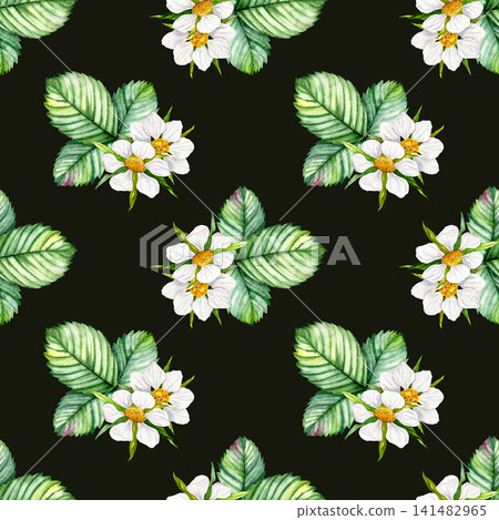 Watercolor strawberry blossom seamless pattern with flowers on dark background Watercolor strawberry blossom seamless pattern with flowers on dark background 141482965