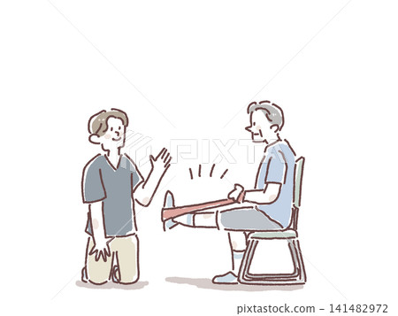A physical therapist and an elderly man performing rehabilitation exercises using a resistance band. A physical therapist and an elderly man performing rehabilitation exercises using a resistance band. 141482972