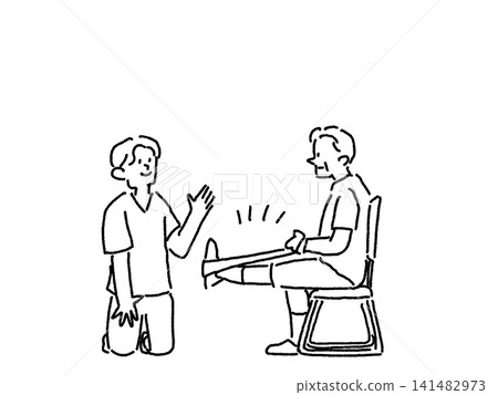 A line drawing of a physical therapist and an elderly man performing rehabilitation exercises using a TheraBand/rubber band. A line drawing of a physical therapist and an elderly man performing rehabilitation exercises using a TheraBand/rubber band. 141482973