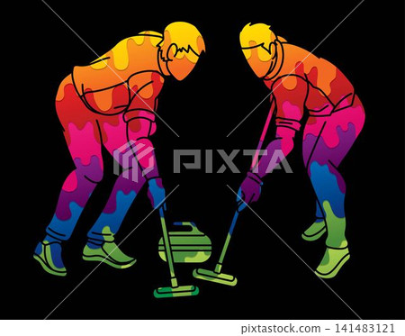 Curling Sport Team Male Players Action Cartoon Graphic Vector 141483121
