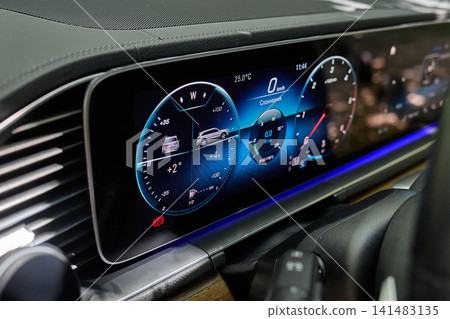 Digital car dashboard display with speedometer and controls Digital car dashboard display with speedometer and controls 141483135