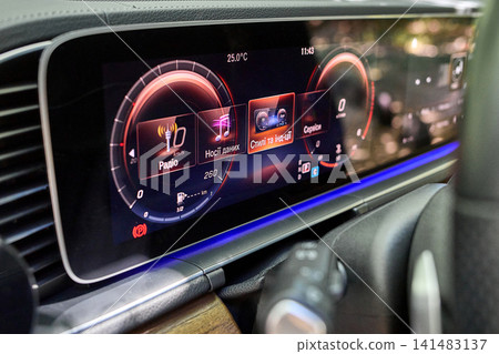 Modern Digital Car Dashboard Display Inside Vehicle Modern Digital Car Dashboard Display Inside Vehicle 141483137