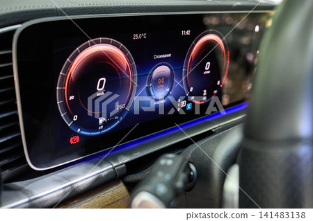Digital car dashboard display inside modern vehicle Digital car dashboard display inside modern vehicle 141483138