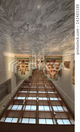 Spacious art gallery interior with high ceiling and marble floor Spacious art gallery interior with high ceiling and marble floor 141483189