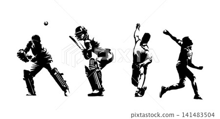 Cricket players, group of batsman, bowler and wicket-keeper in action, set of isolated sports vector silhouettes Cricket players, group of batsman, bowler and wicket-keeper in action, set of isolated sports vector silhouettes 141483504