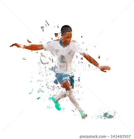 Footballer kicking ball, isolated low poly vector illustration. Soccer player in action, sport Footballer kicking ball, isolated low poly vector illustration. Soccer player in action, sport 141483507