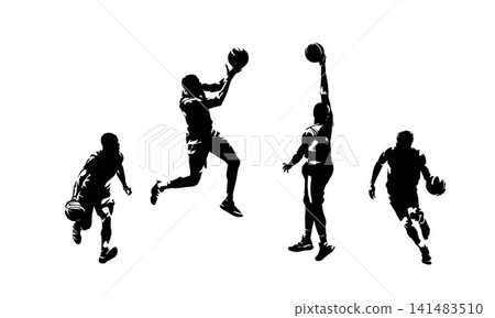 Basketball. group of basketball players in action. set of vector silhouettes. High contrast sports illustrations Basketball. group of basketball players in action. set of vector silhouettes. High contrast sports illustrations 141483510