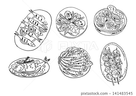 Hand-drawn illustration of various seafood dishes including grilled fish, shrimp skewers, and a platter of assorted seafood on white background Hand-drawn illustration of various seafood dishes including grilled fish, shrimp skewers, and a platter of assorted seafood on white background 141483545