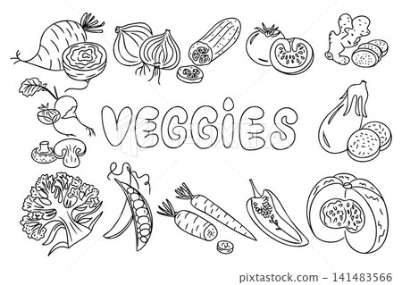 Hand-drawn illustration of various vegetables including broccoli, carrots, and tomatoes with the word VEGGIES prominently displayed in the center Hand-drawn illustration of various vegetables including broccoli, carrots, and tomatoes with the word VEGGIES prominently displayed in the center 141483566