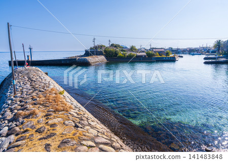 [Important Preservation District for Groups of Traditional Buildings] Dewajima Island: Port entrance and view of Nishihama settlement from the opposite shore (2) Mugi-cho, Kaifu-gun, Tokushima Prefecture 141483848