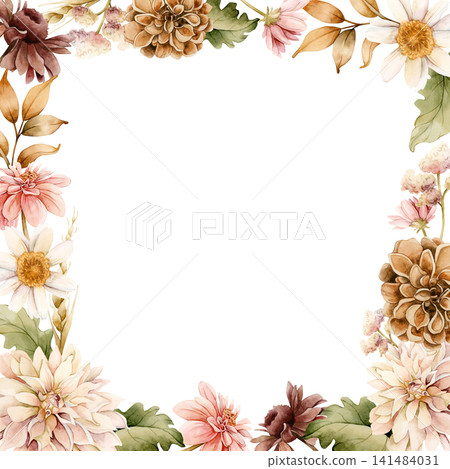 Autumn flowers Frame. Fall plants Dahlia Chrysanthemum Daisy. Watercolor hand drawn floral illustration isolated on white background wedding home textile cosmetic package porcelain crockery template Autumn flowers Frame. Fall plants Dahlia Chrysanthemum Daisy. Watercolor hand drawn floral illustration isolated on white background wedding home textile cosmetic package porcelain crockery template 141484031