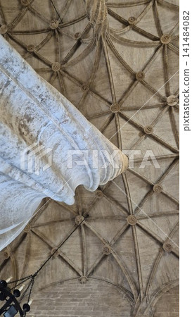 Stone Column and Geometric Vault Ceiling Interior Stone Column and Geometric Vault Ceiling Interior 141484082