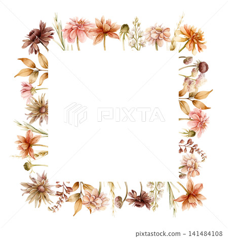 Autumn flower Frame Dahlia Chrysanthemum Aster Echinacea wildflowers. Watercolor hand drawn floral illustration isolated on white background for wedding design home textile cosmetic package template Autumn flower Frame Dahlia Chrysanthemum Aster Echinacea wildflowers. Watercolor hand drawn floral illustration isolated on white background for wedding design home textile cosmetic package template 141484108