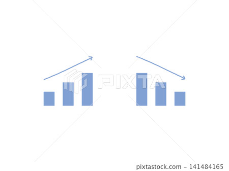 A set of bar graphs showing upward and downward sloping bars, along with hand-drawn straight arrows (blue). 141484165
