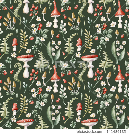 Cute Forest Mushrooms Wild Berries Fern Seamless Pattern. Strawberry Amanita Watercolor summer floral forest illustration hand painted isolated on green background nursery design fresh home textile Cute Forest Mushrooms Wild Berries Fern Seamless Pattern. Strawberry Amanita Watercolor summer floral forest illustration hand painted isolated on green background nursery design fresh home textile 141484185