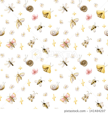 Cute Insects Flower Star Seamless Pattern. Butterfly Bee Dragonfly Moth Snail Watercolor illustration hand painted isolated on white background for nursery baby kids design summer forest textile print 141484207