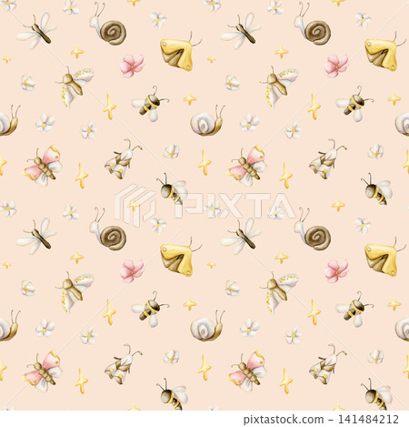 Cute Insects Flower Star Seamless Pattern. Butterfly Bee Dragonfly Moth Snail Watercolor illustration hand painted isolated on beige background for nursery baby kids design summer forest textile print 141484212