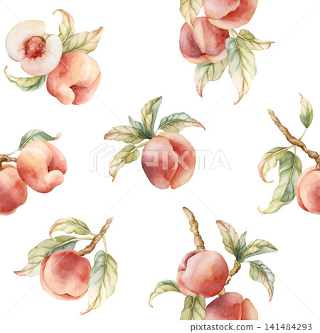 Pink Peaches Seamless Pattern Summer Juicy Ripe Fruits. Watercolor hand drawn floral food illustration isolated on white background for home kitchen table textile fresh fabric print cosmetic package Pink Peaches Seamless Pattern Summer Juicy Ripe Fruits. Watercolor hand drawn floral food illustration isolated on white background for home kitchen table textile fresh fabric print cosmetic package 141484293