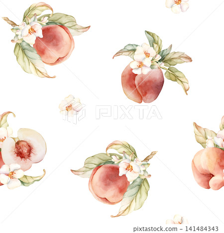 Pink Peaches with Flowers Seamless Pattern Summer Fruits. Watercolor hand drawn floral food illustration isolated on white background for home kitchen table textile fresh fabric print cosmetic package Pink Peaches with Flowers Seamless Pattern Summer Fruits. Watercolor hand drawn floral food illustration isolated on white background for home kitchen table textile fresh fabric print cosmetic package 141484343